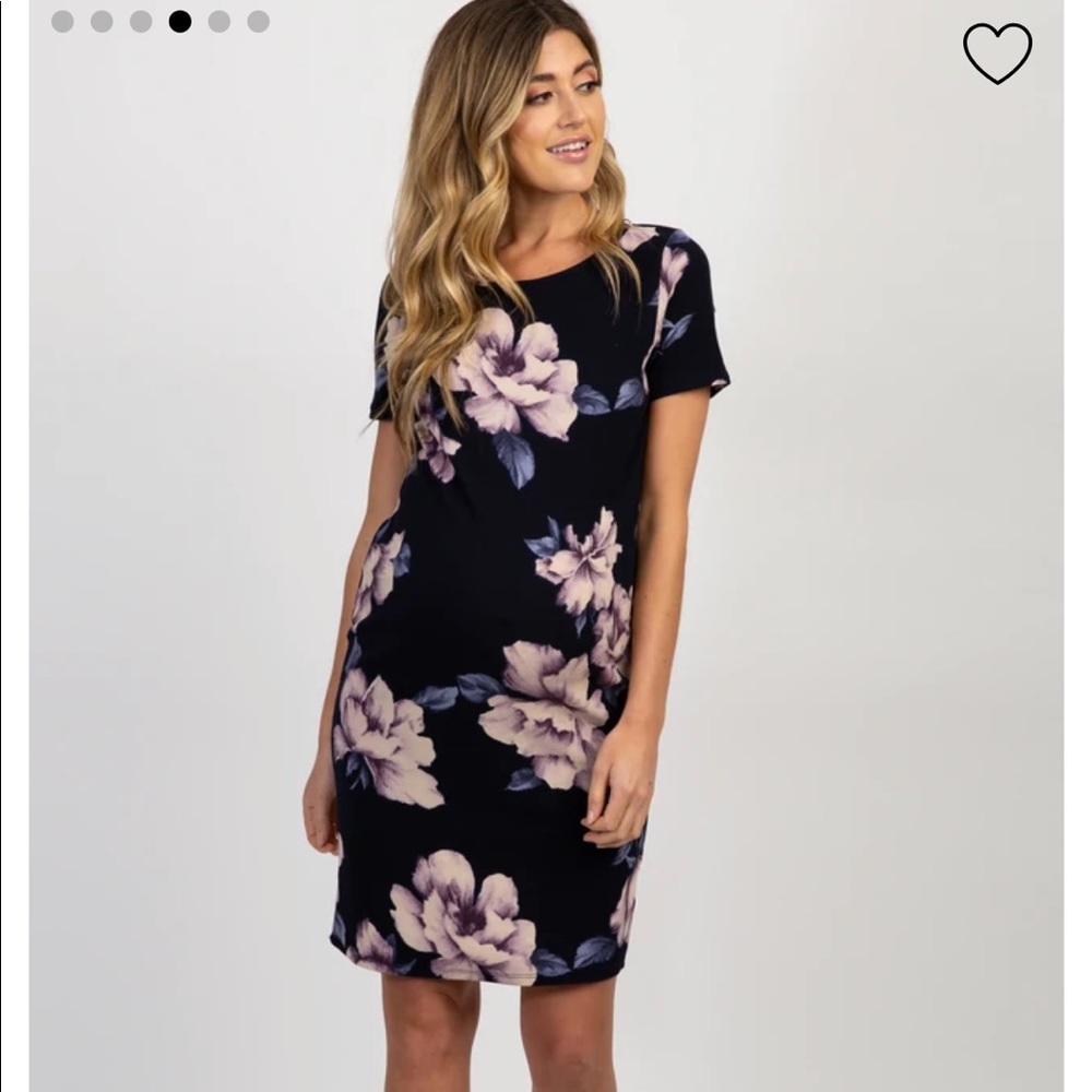 PinkBlush Navy Blue Watercolor Floral Fitted Maternity Dress